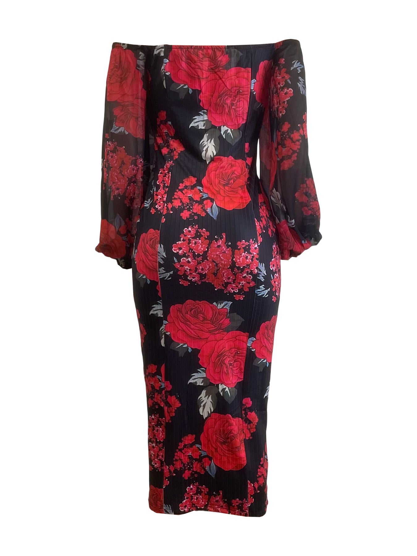 Floral Off Shoulder Slim Fit Dress With Tea Length Hem | noémi