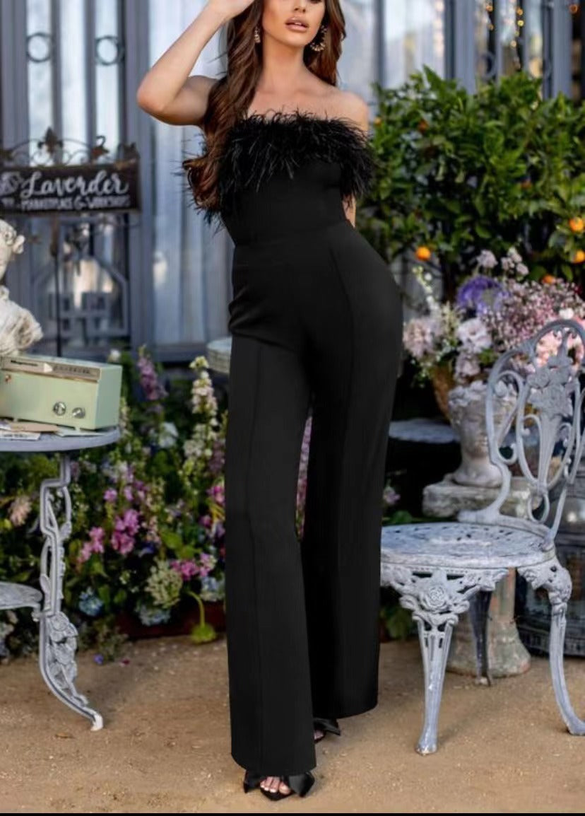 Feather Trim Jumpsuit | Strapless, V Plunge | Casual Trousers | noémi