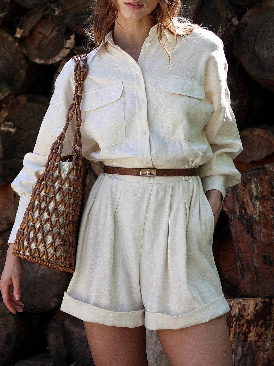 Cotton Linen Long Sleeve Shorts Jumpsuit | noémi