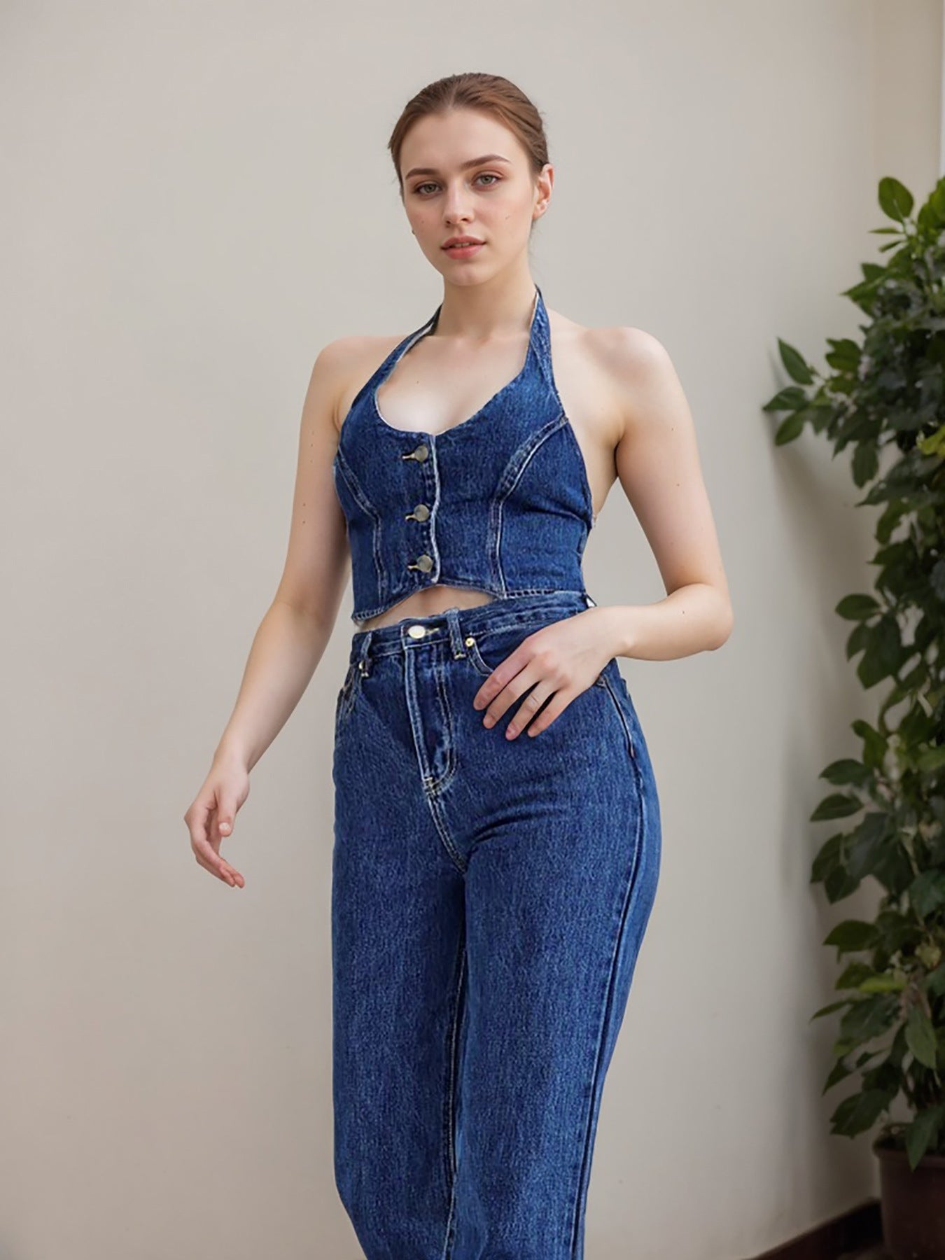 Mediation Halter Denim Vest | Backless, Cutout, Stretchy & Stylish Women’s Outerwear Top | noémi