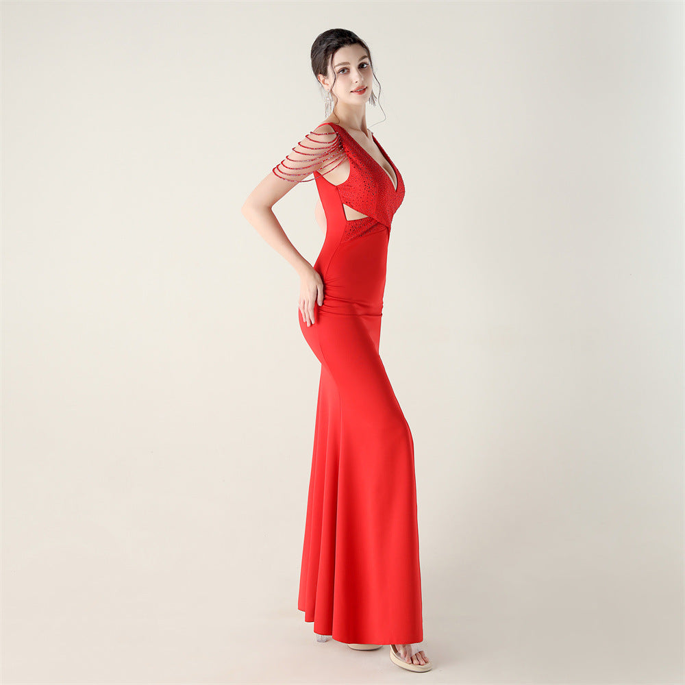 Beaded Slim Fit Dress V Neck Slit Gown | noémi