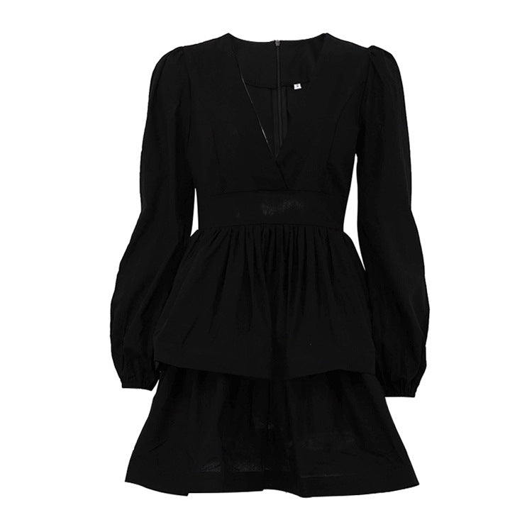 Women’s Black Puff Sleeve VNeck ALine Dress | Waist Controlling Tiered Mini Dress | noémi