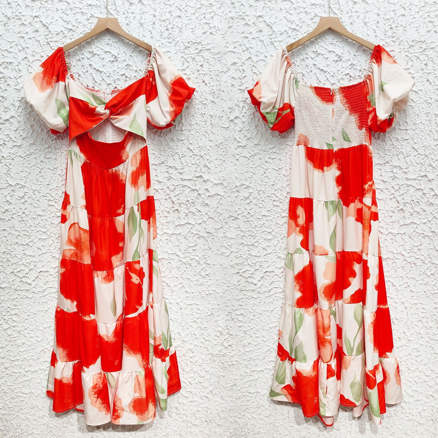 Womens VNeck Puff Sleeve Printed Midi Dress with Cutout Detail | noémi