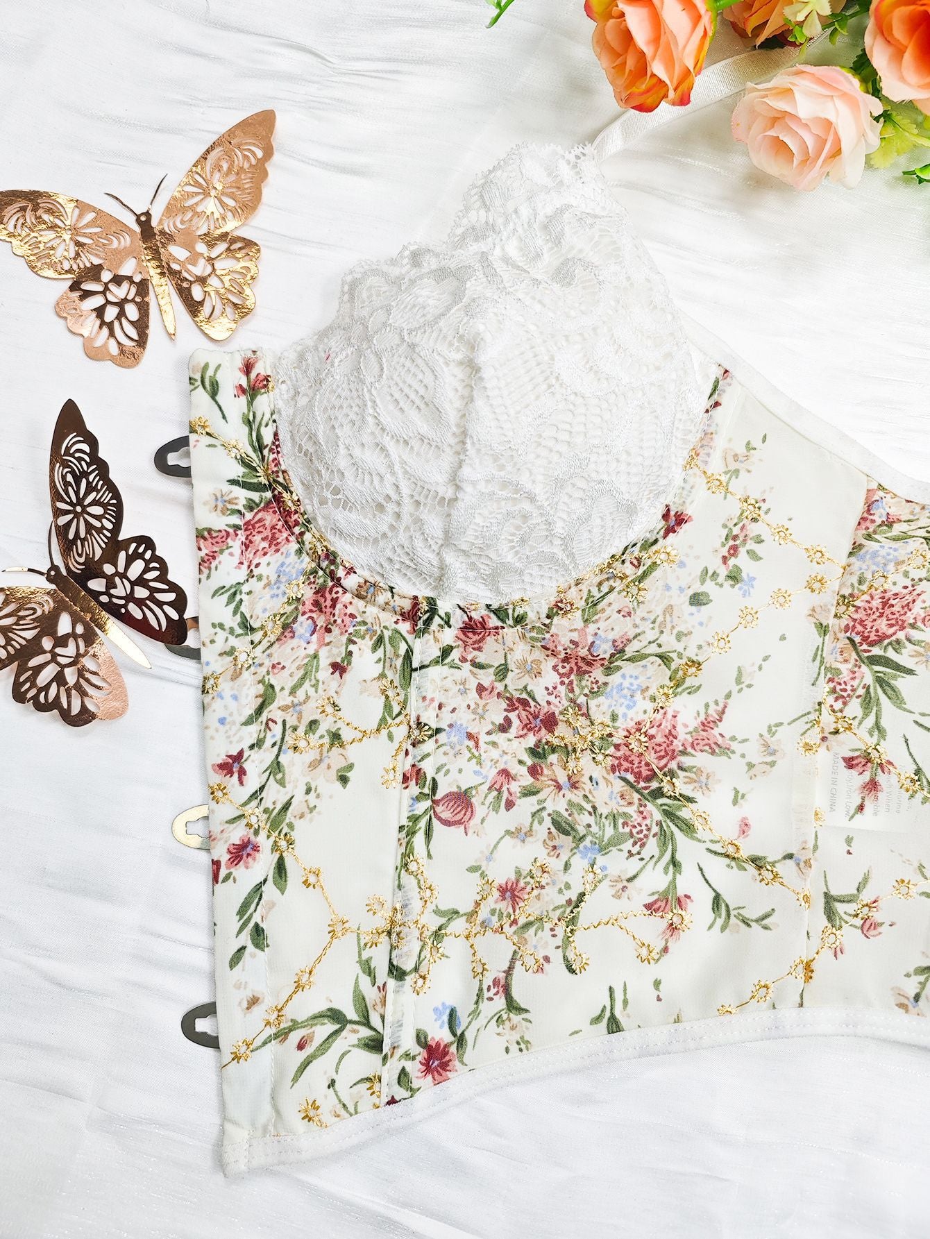 Chiffon Lace Boning Corset Vest with Waist Fit and Spaghetti Straps | noémi