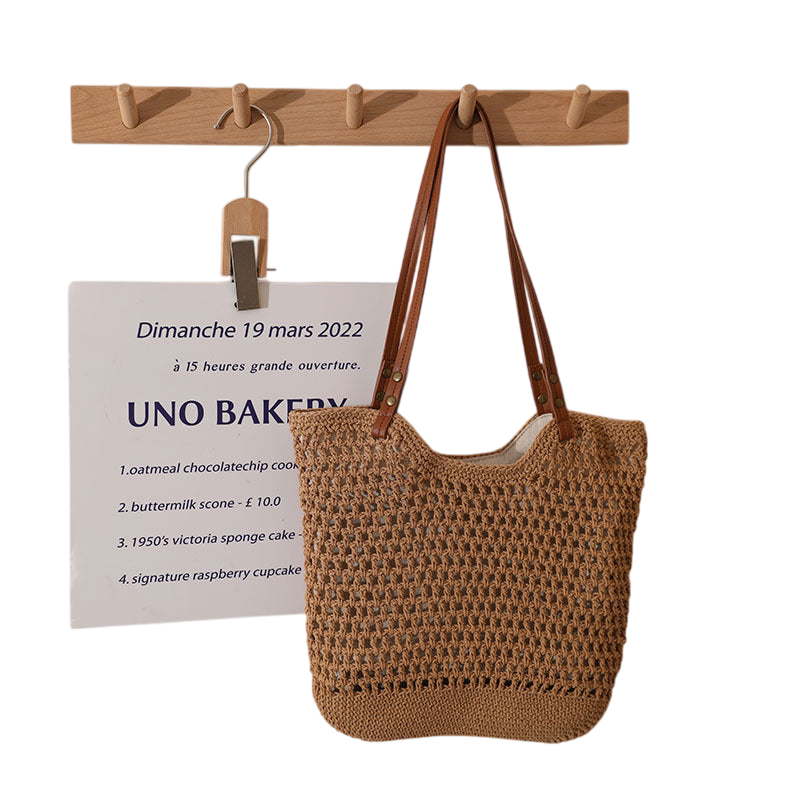 Coffee Cutout Straw Shoulder Bag – Small Hollow-Out Summer Tote | noémi