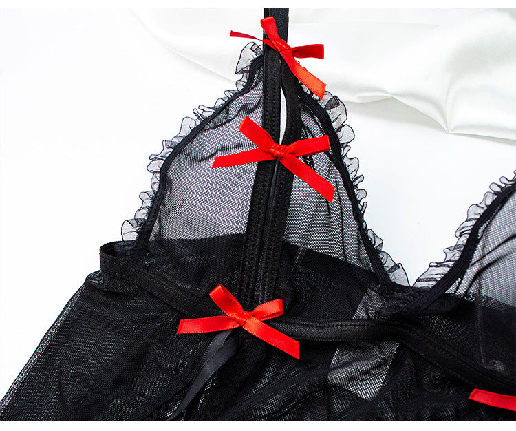 Womens Lace Up Cutout Lingerie Set with Bow Suspender and Matching Headband | noémi