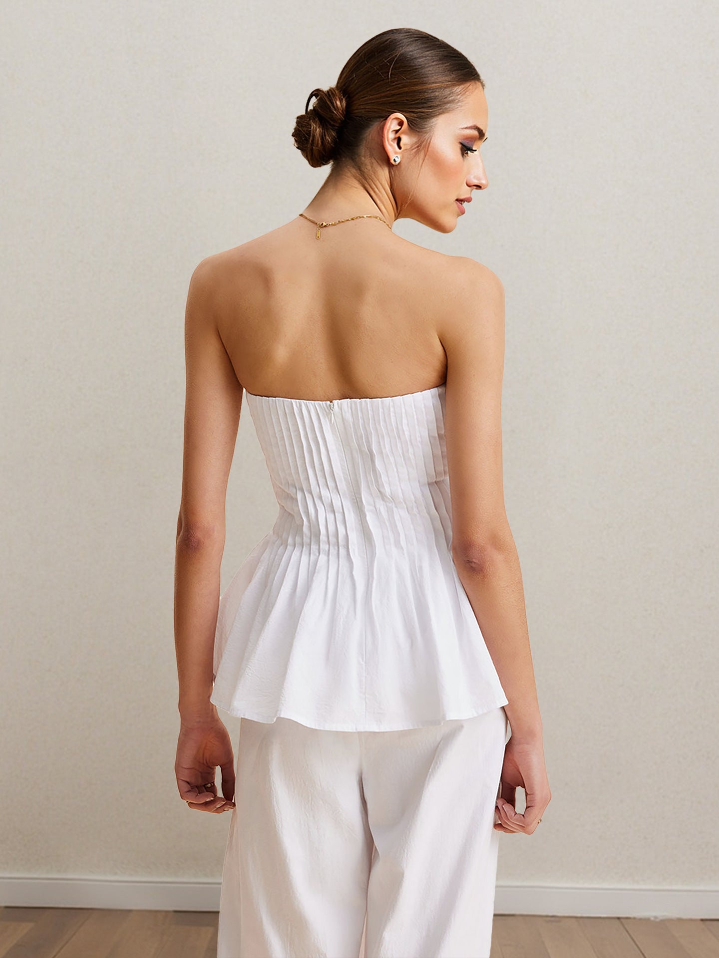 2 Piece White Tube Top & Trousers Set | Strapless Peplum Top | Wide Leg Pants | noémi