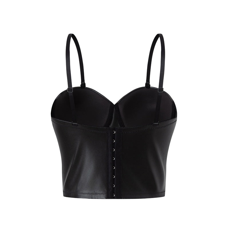 Black Leather Corset Top | Womens Boning Bustier Vest with Adjustable Straps | noémi