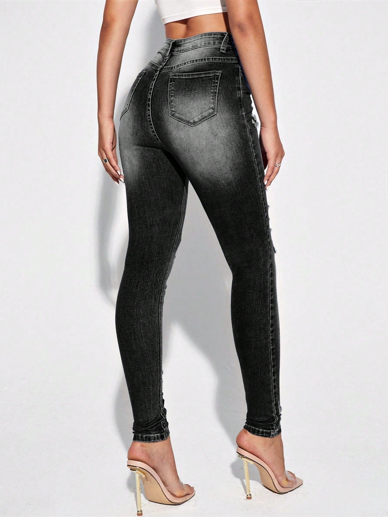 Black Distressed Skinny Jeans | High Waisted Washed Denim with Ripped Knees | noémi