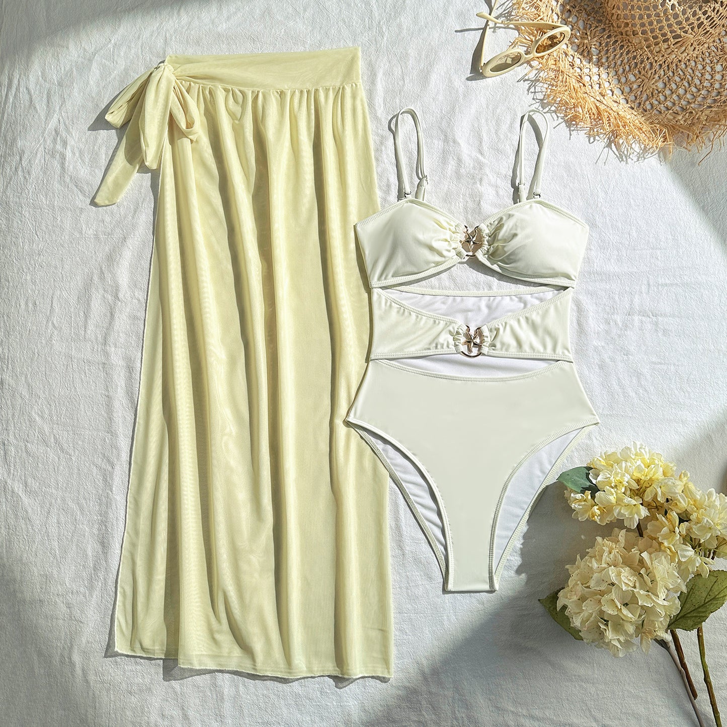 Womens Solid Mesh Maxi Three Piece Swim Set | Tube Top Bikini Cover Skirt | noémi