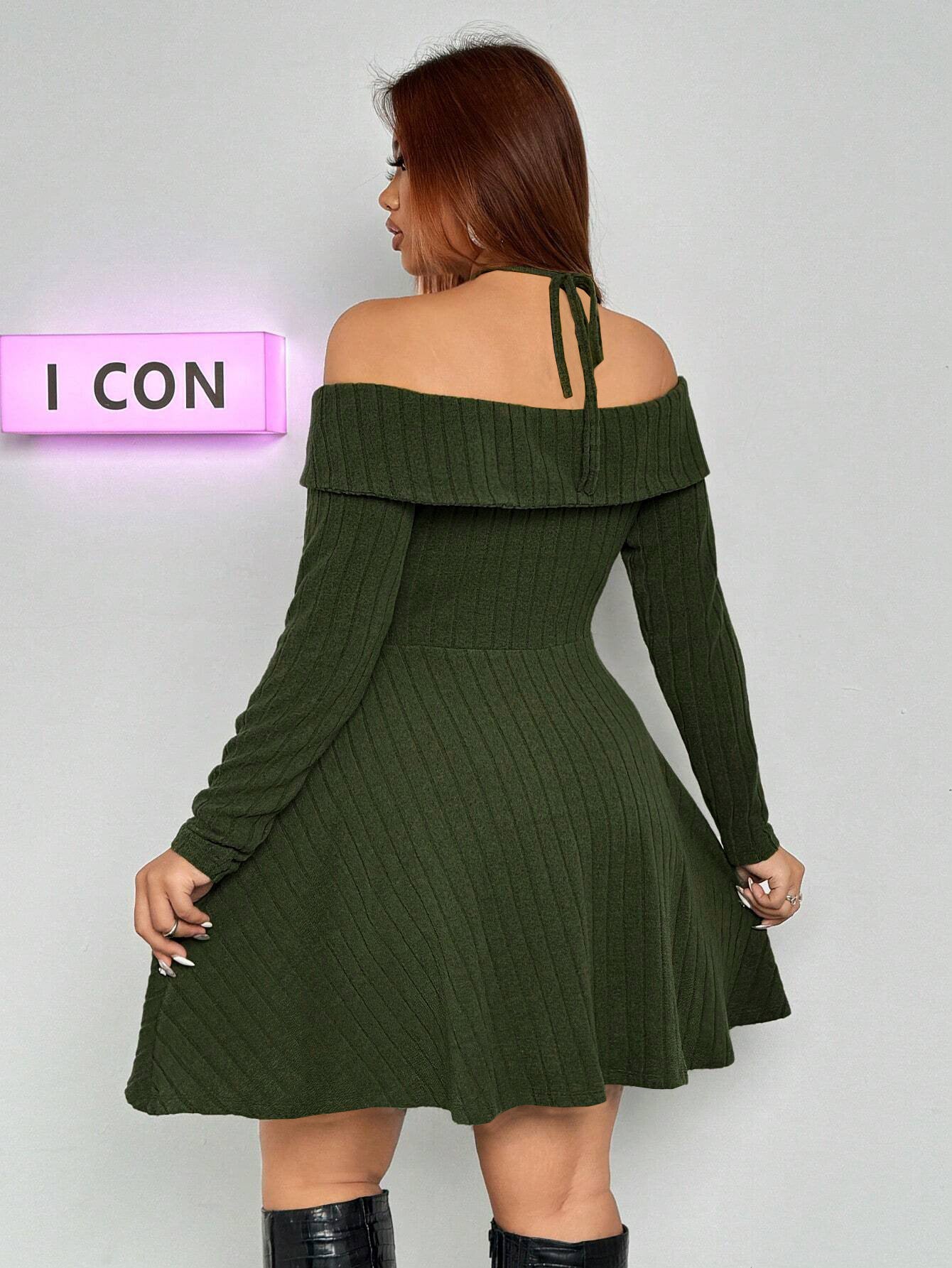 Off Shoulder Ribbed Knit Mini Dress with Criss Cross Halter Straps | noémi