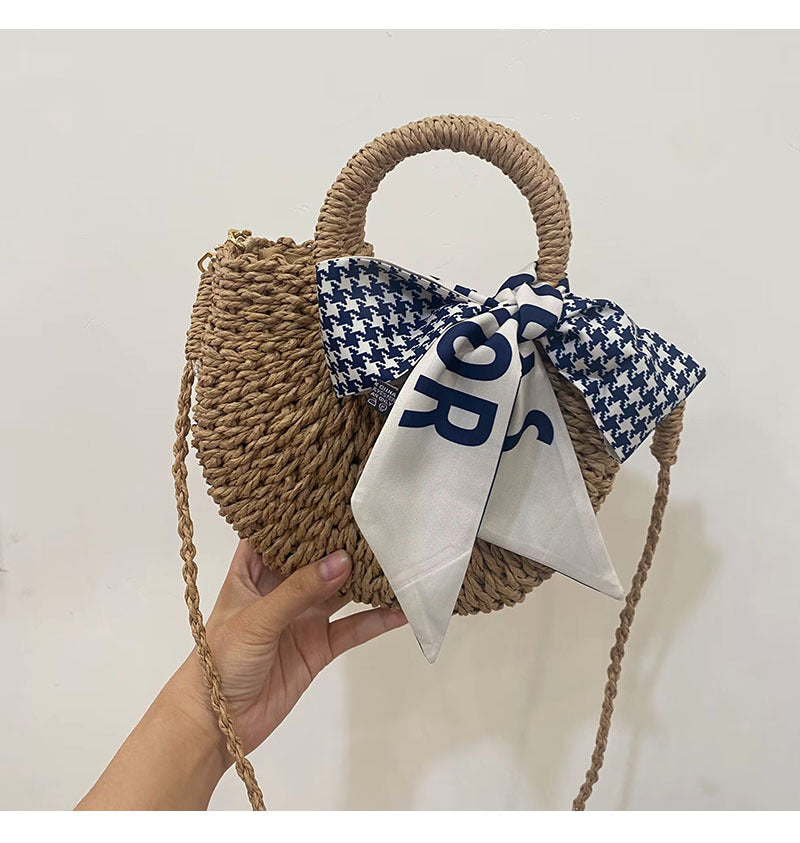 Straw Crossbody Bag with Plaid Scarf | Stylish Woven Summer Beach Bag | noémi