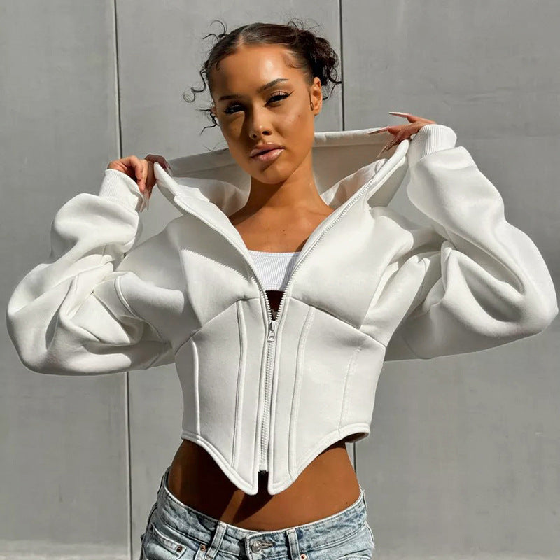 Womens Cropped Zip Hoodie | Fleece Lined, Corset Style Waist Hooded Jacket | noémi