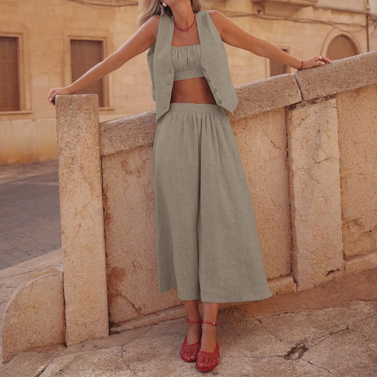 3 Piece Cotton Summer Set | Linen Look Vest, Camisole & High Waist Skirt | Boho Coord Outfit | noémi