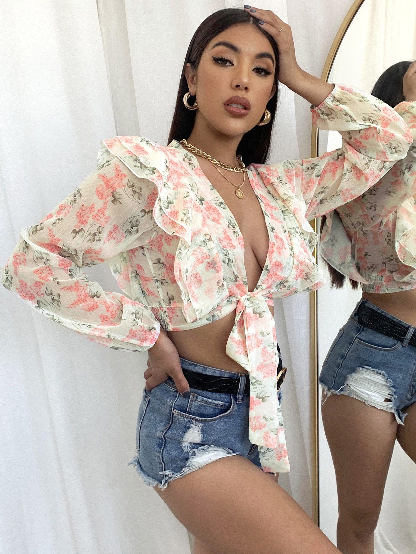 Chiffon Floral Print V Neck Tie | Front Long Sleeve Crop Top for Women | noémi