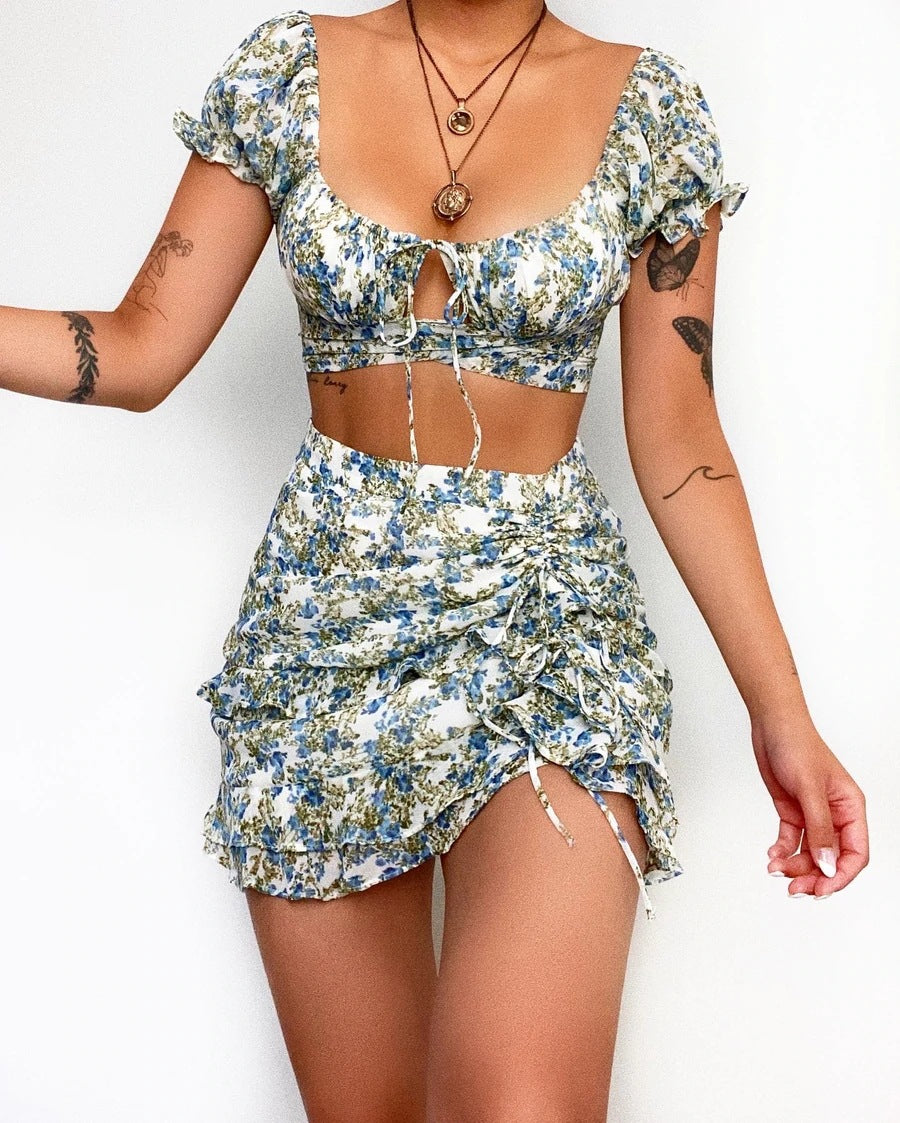 Floral Two Piece Set | U Neck Lace Up Crop Top & Ruched Mini Skirt | noémi