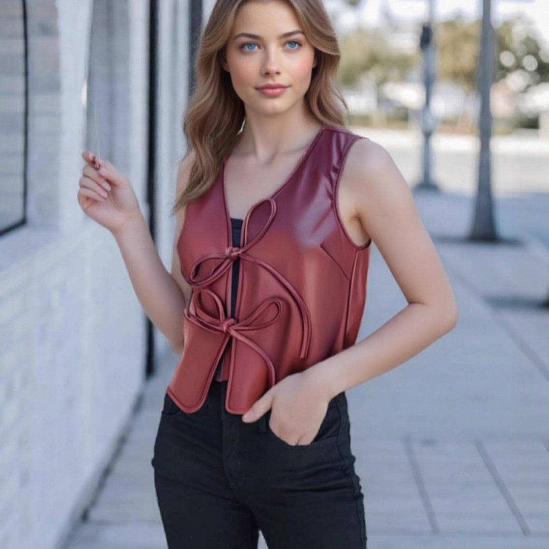 Sleeveless Lace Up Faux Leather Vest | noémi
