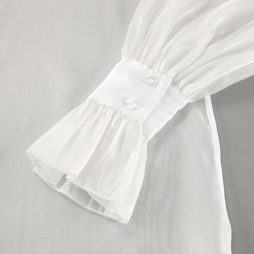White Ruffle Top | See Through Yarn Shirt with Collared Design | noémi