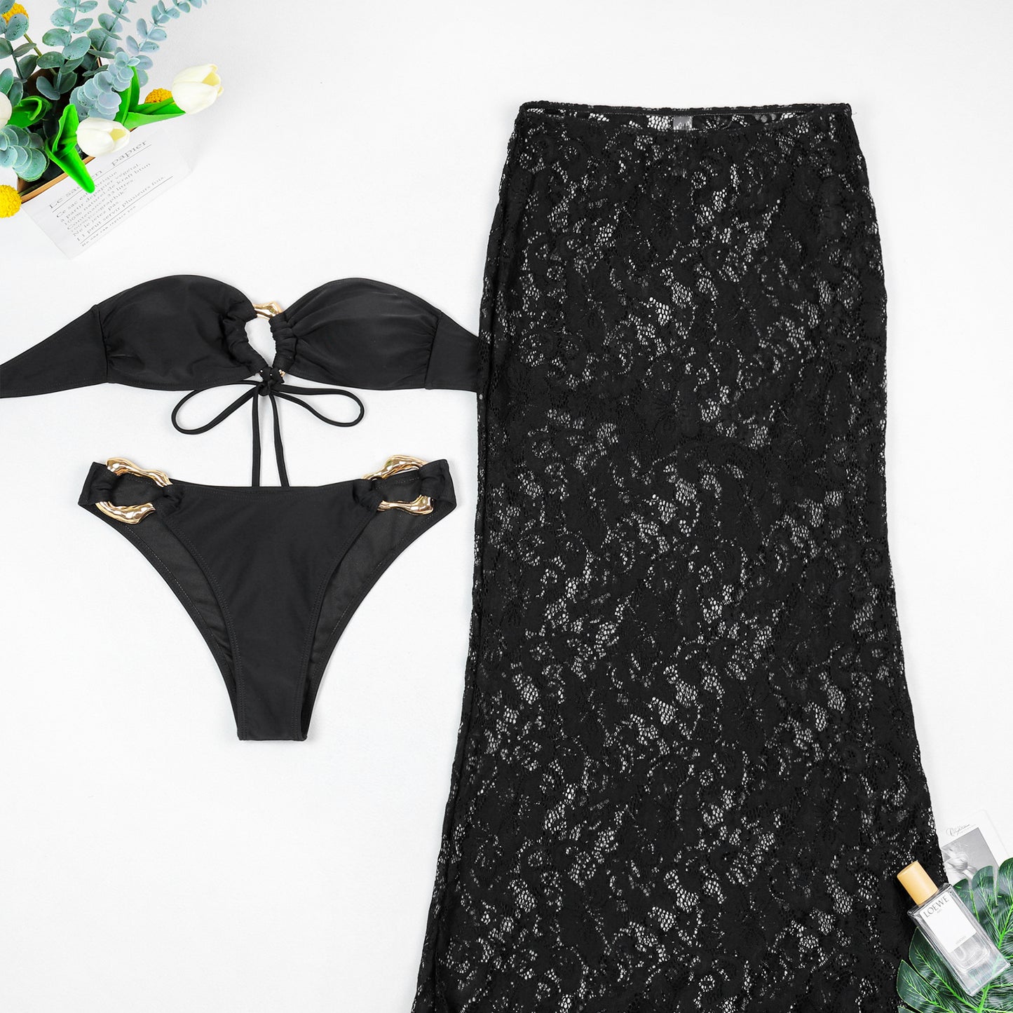 Tube Top Metal Buckle Bikini with Lace Maxi Dress Three Piece Set for Women | noémi