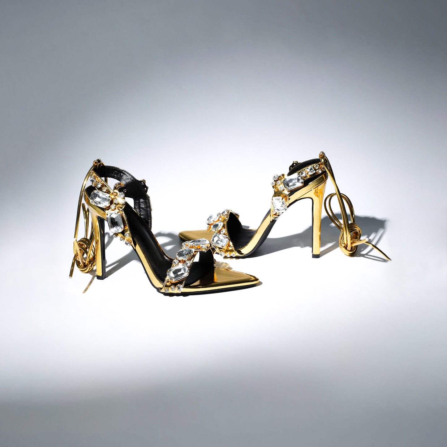 Crystal Embellished Metallic Heels | 11cm Rhinestone Lace Up High Heels | Pointed & Open Toe Sandals | noémi