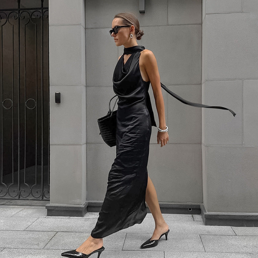 Black Off Shoulder Satin Dress | Swing Skirt Self Tie Waist | noémi