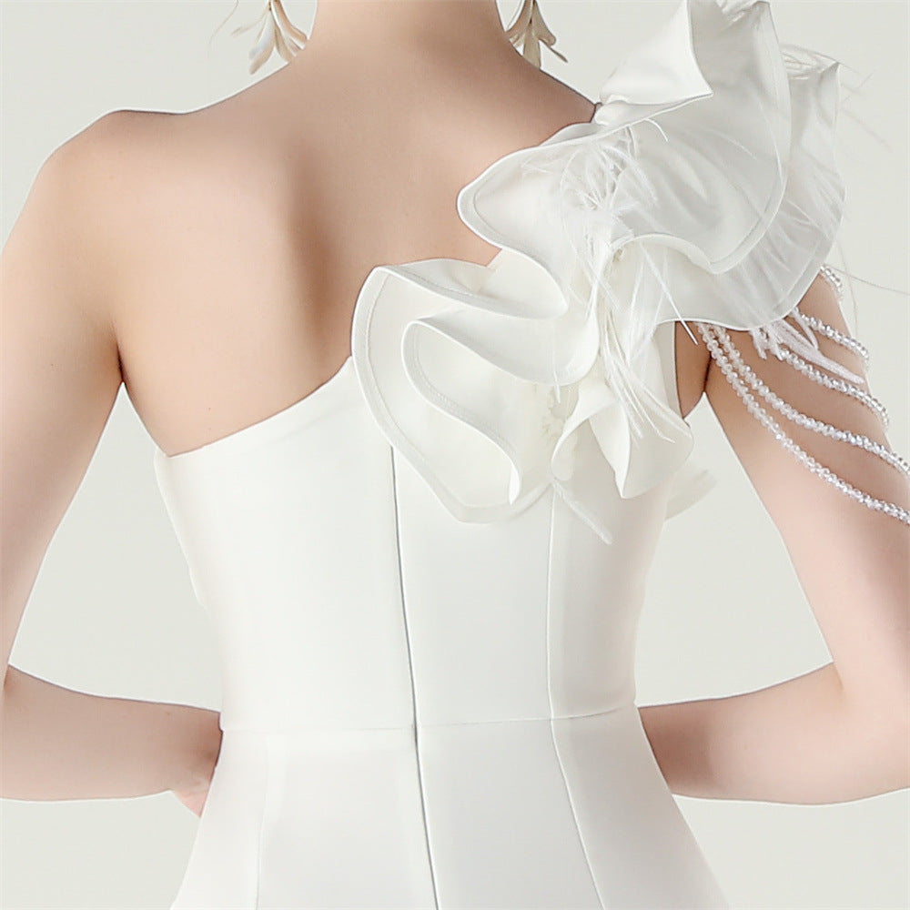 One Shoulder Floral Satin Gown | Beaded Ruffle High Slit | noémi