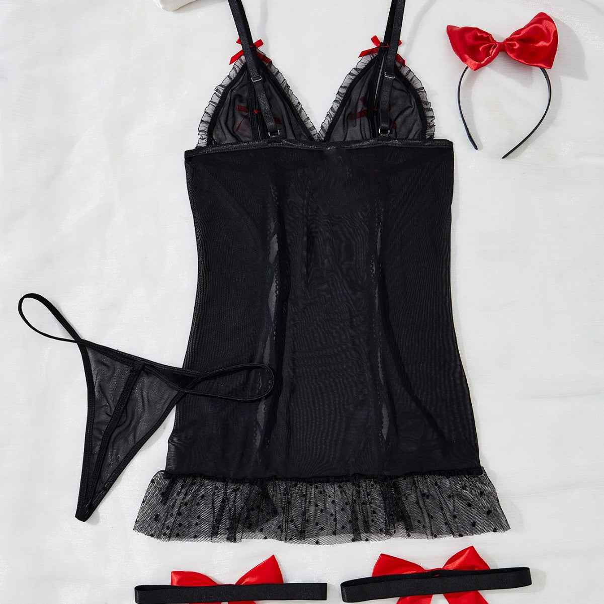 Womens Lace Up Cutout Lingerie Set with Bow Suspender and Matching Headband | noémi