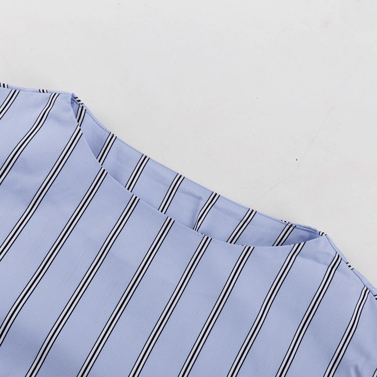 Womens Striped Two Piece Skirt Set | Long Sleeve Round Neck Pullover Top with Tie Waist | noémi