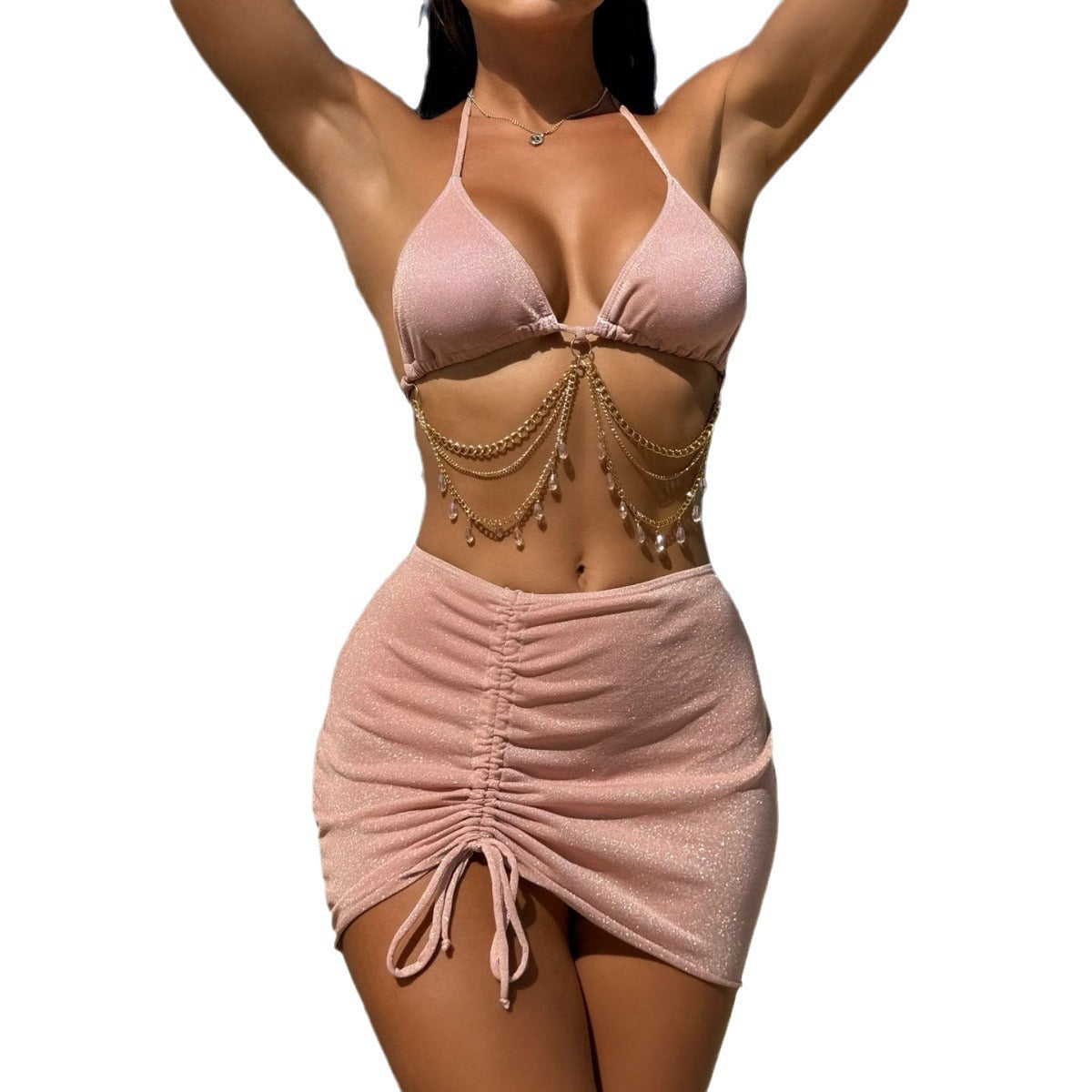 Shiny Drawstring Strap Bikini Set with Diamond Lanyard Accent | noémi