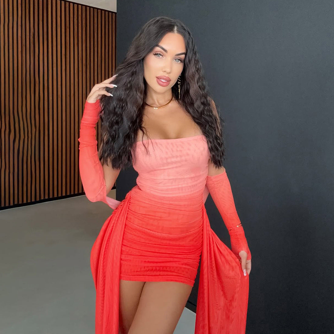 Mesh Sleeve Bodycon Dress | Bandeau Halter Finger Fit Design with Ribbon Detail | noémi