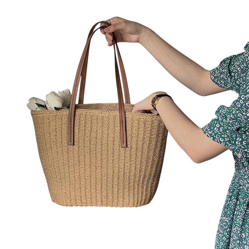 Straw Shoulder Tote Bag – Lightweight Woven Beach Carryall, Natural | noémi