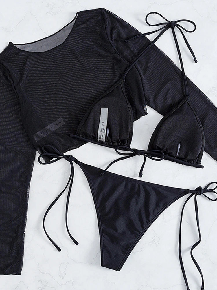 3 Piece Black Halter Bikini Set | Long Sleeve Mesh Swimwear | noémi