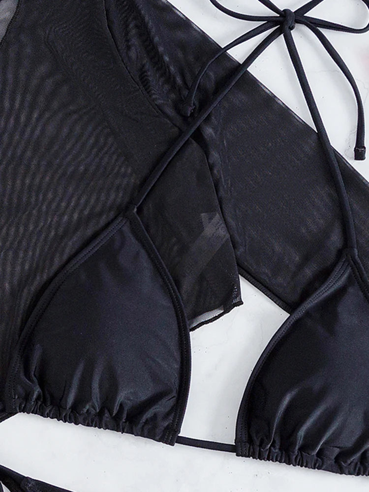 3 Piece Black Halter Bikini Set | Long Sleeve Mesh Swimwear | noémi