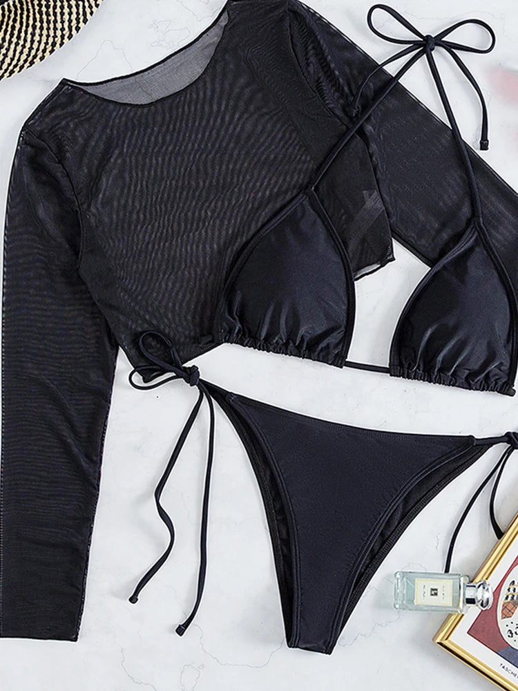 3 Piece Black Halter Bikini Set | Long Sleeve Mesh Swimwear | noémi