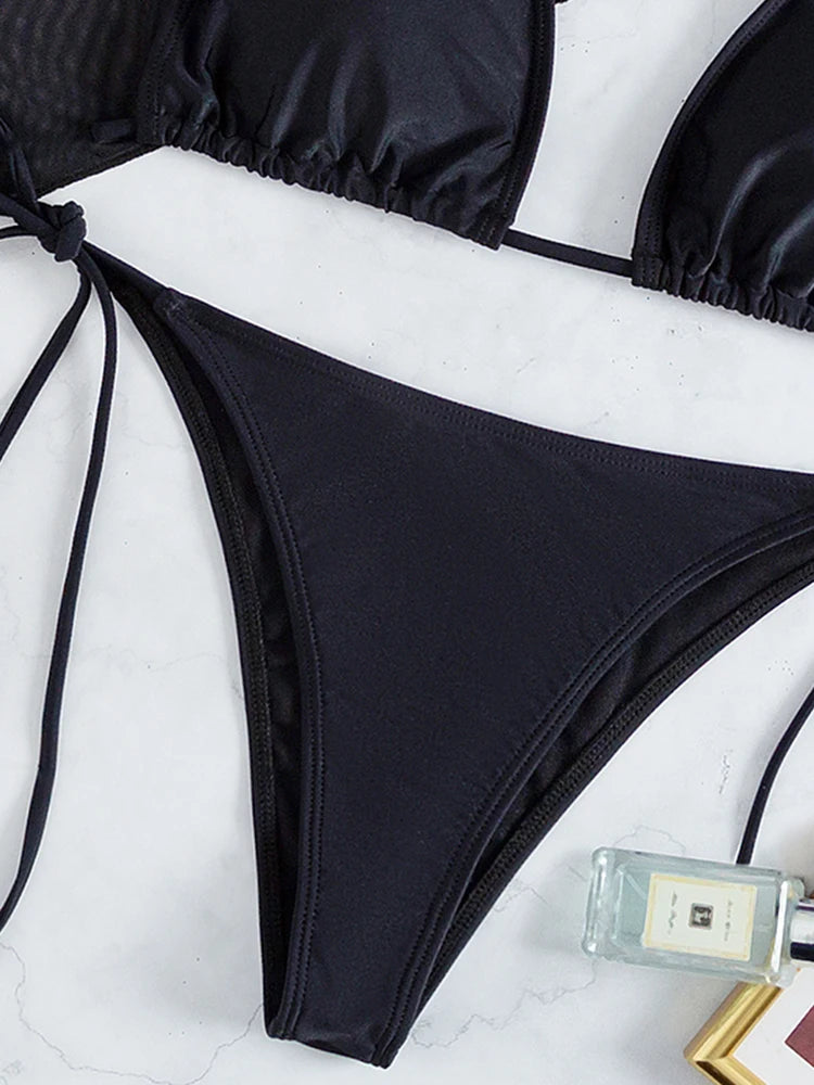 3 Piece Black Halter Bikini Set | Long Sleeve Mesh Swimwear | noémi