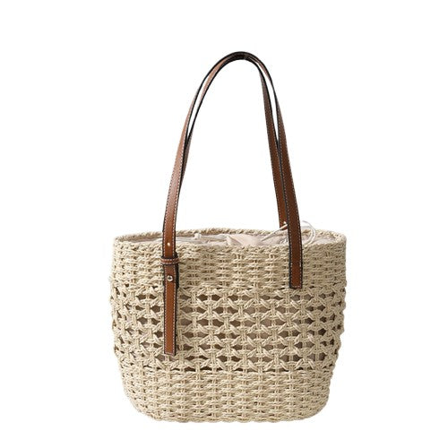 Boho Hollow-Out Straw Shoulder Tote Bag – Hand-Woven Natural Brown | noémi