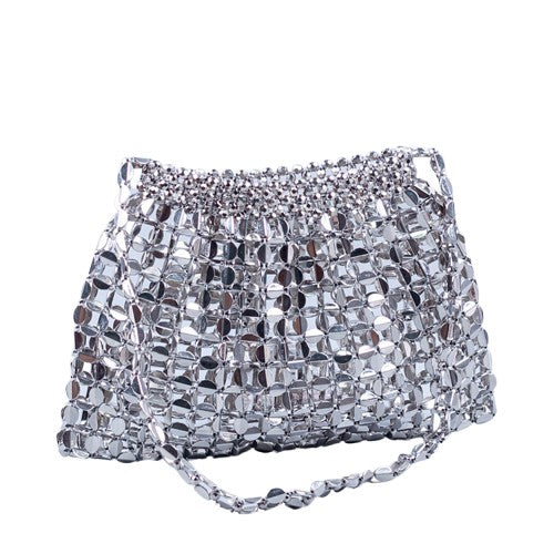 Beaded Shoulder Bag – Handmade Silver-Gold Flat Beads, Dumpling Shape, Gold | noémi