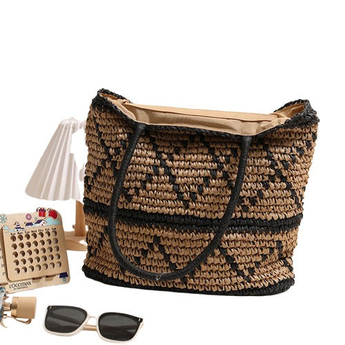 Black Rhombus Straw Shoulder Bag – Boho Woven Tote | noémi