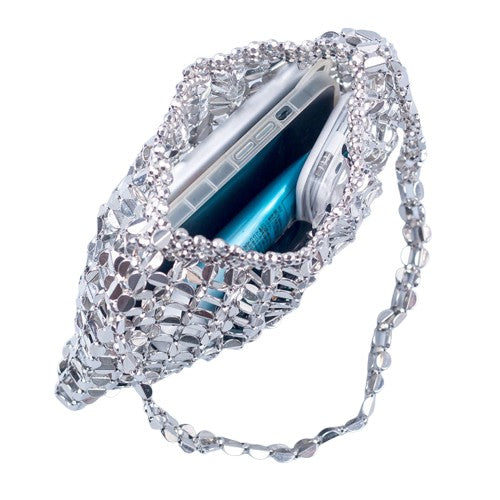 Beaded Shoulder Bag – Handmade Silver-Gold Flat Beads, Dumpling Shape, Gold | noémi