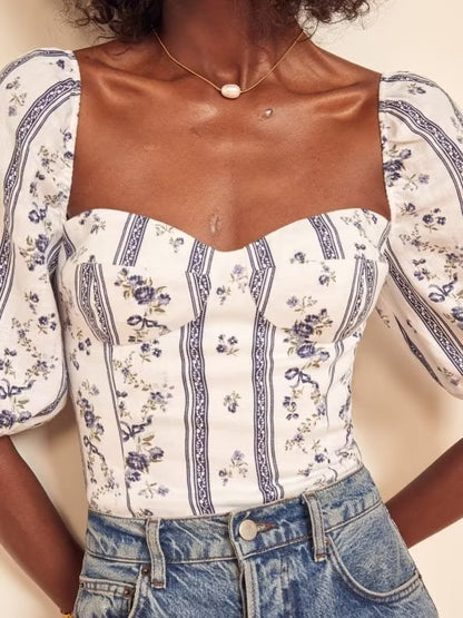 Blue Floral Puff Sleeve Crop Top | Striped Corset Top | noémi