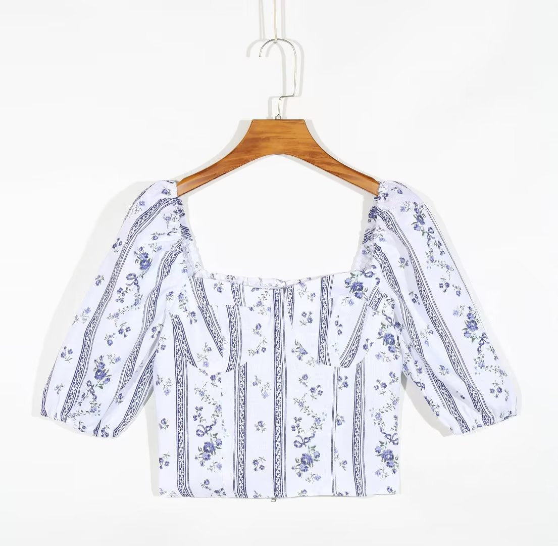 Blue Floral Puff Sleeve Crop Top | Striped Corset Top | noémi