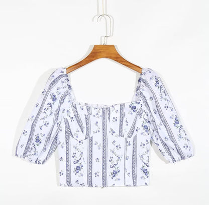 Blue Floral Puff Sleeve Crop Top | Striped Corset Top | noémi