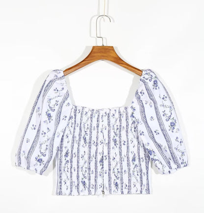 Blue Floral Puff Sleeve Crop Top | Striped Corset Top | noémi