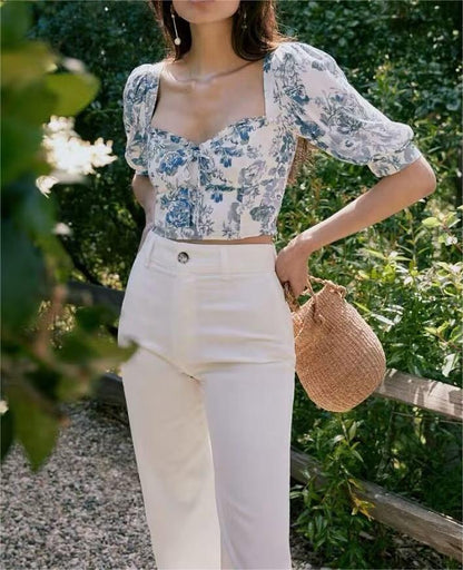 Floral Blue Puff Sleeve Crop Top | Square Neck | Blouse & Slim Fit | noémi