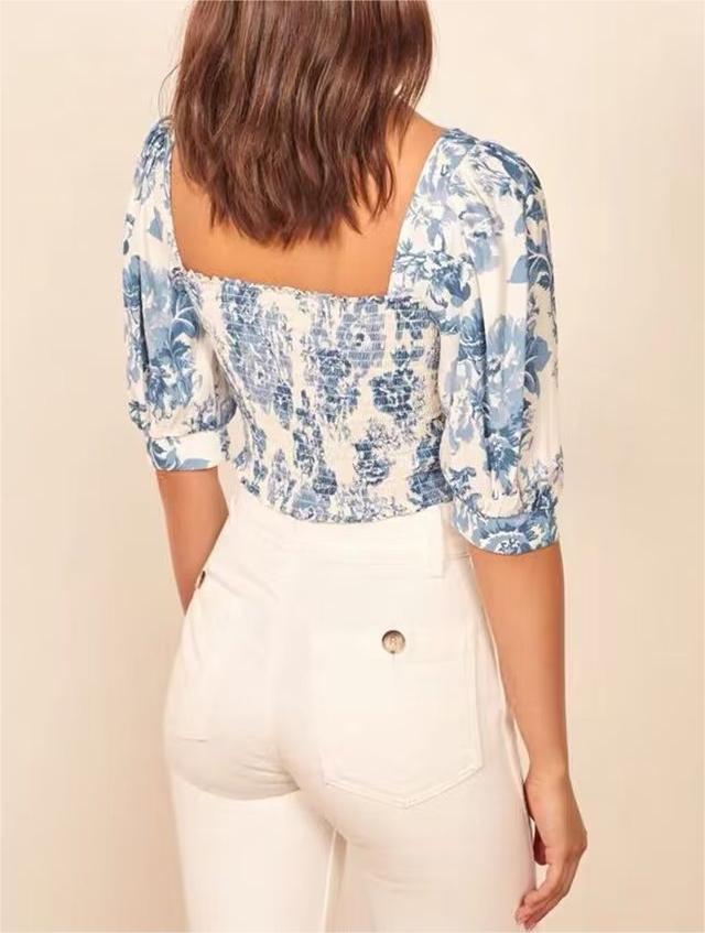 Floral Blue Puff Sleeve Crop Top | Square Neck | Blouse & Slim Fit | noémi