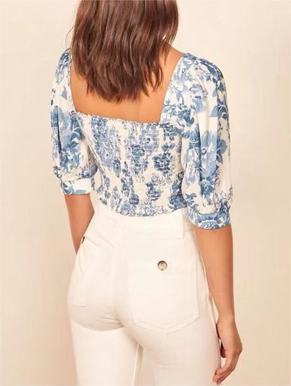 Floral Blue Puff Sleeve Crop Top | Square Neck | Blouse & Slim Fit | noémi