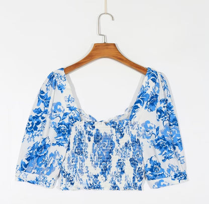 Floral Blue Puff Sleeve Crop Top | Square Neck | Blouse & Slim Fit | noémi
