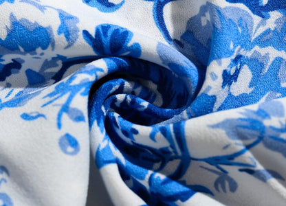 Floral Blue Puff Sleeve Crop Top | Square Neck | Blouse & Slim Fit | noémi