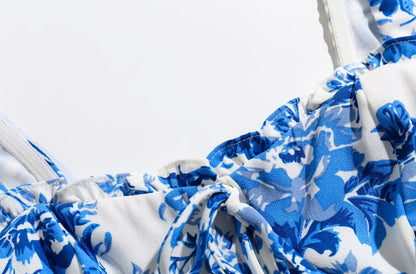 Floral Blue Puff Sleeve Crop Top | Square Neck | Blouse & Slim Fit | noémi