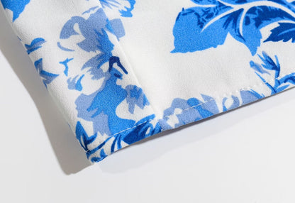 Floral Blue Puff Sleeve Crop Top | Square Neck | Blouse & Slim Fit | noémi